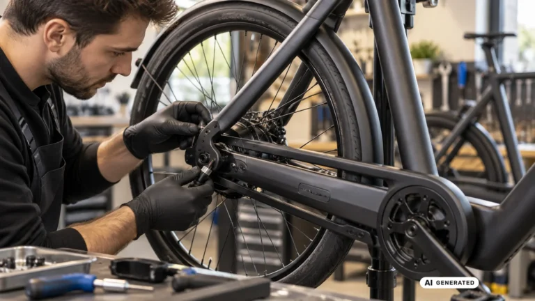 Mechaniker diagnostiziert die Schaltung am Hinterrad eines VanMoof E-Bikes. KI-generiertes Symbolbild · redaktionell geprüft.