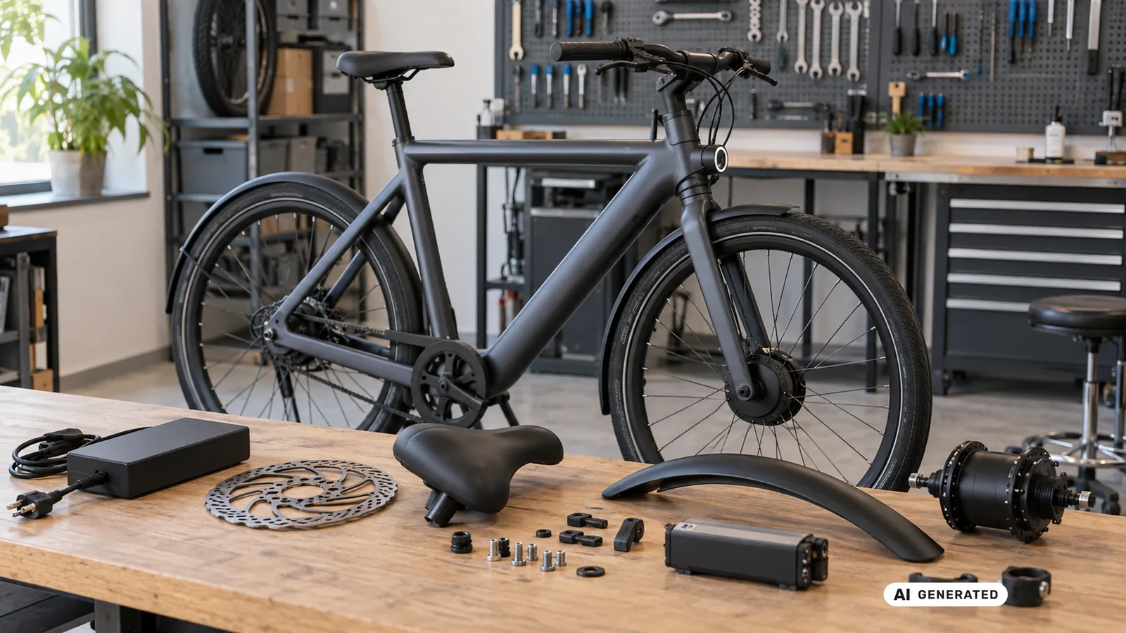 VanMoof E-Bike-Rahmen mit ausgelegten Ersatzteilen wie Bremsscheibe, Sattel, Schutzblech und Akku auf einer Werkbank. KI-generiertes Symbolbild · redaktionell geprüft.