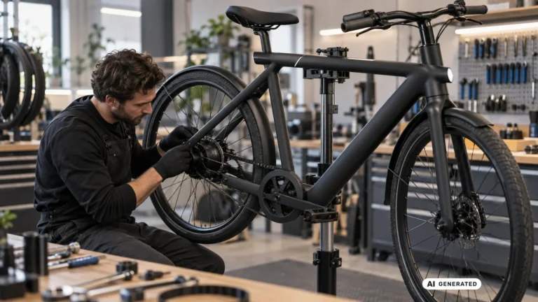 Mechaniker diagnostiziert die Hinterradnabe eines schwarzen VanMoof E-Bikes in der Werkstatt. KI-generiertes Symbolbild · redaktionell geprüft.