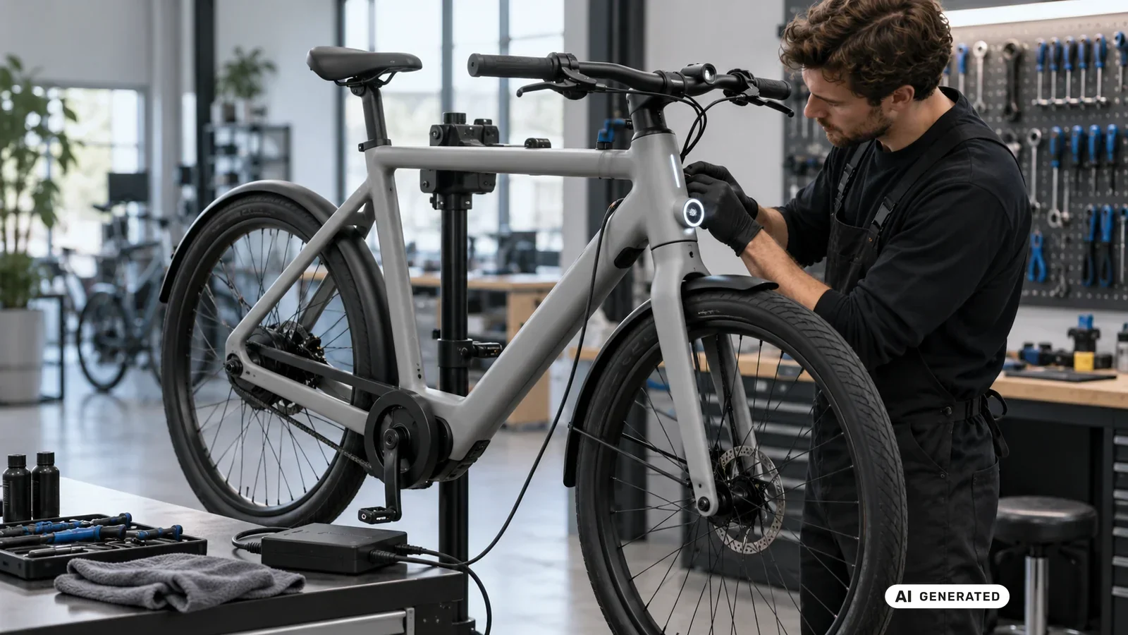 Mechaniker verbindet ein Diagnosegerät mit dem beleuchteten Halo-Ring am Steuerkopf eines VanMoof, Symbolbild zur Firmware-Diagnose. KI-generiertes Symbolbild · redaktionell geprüft.