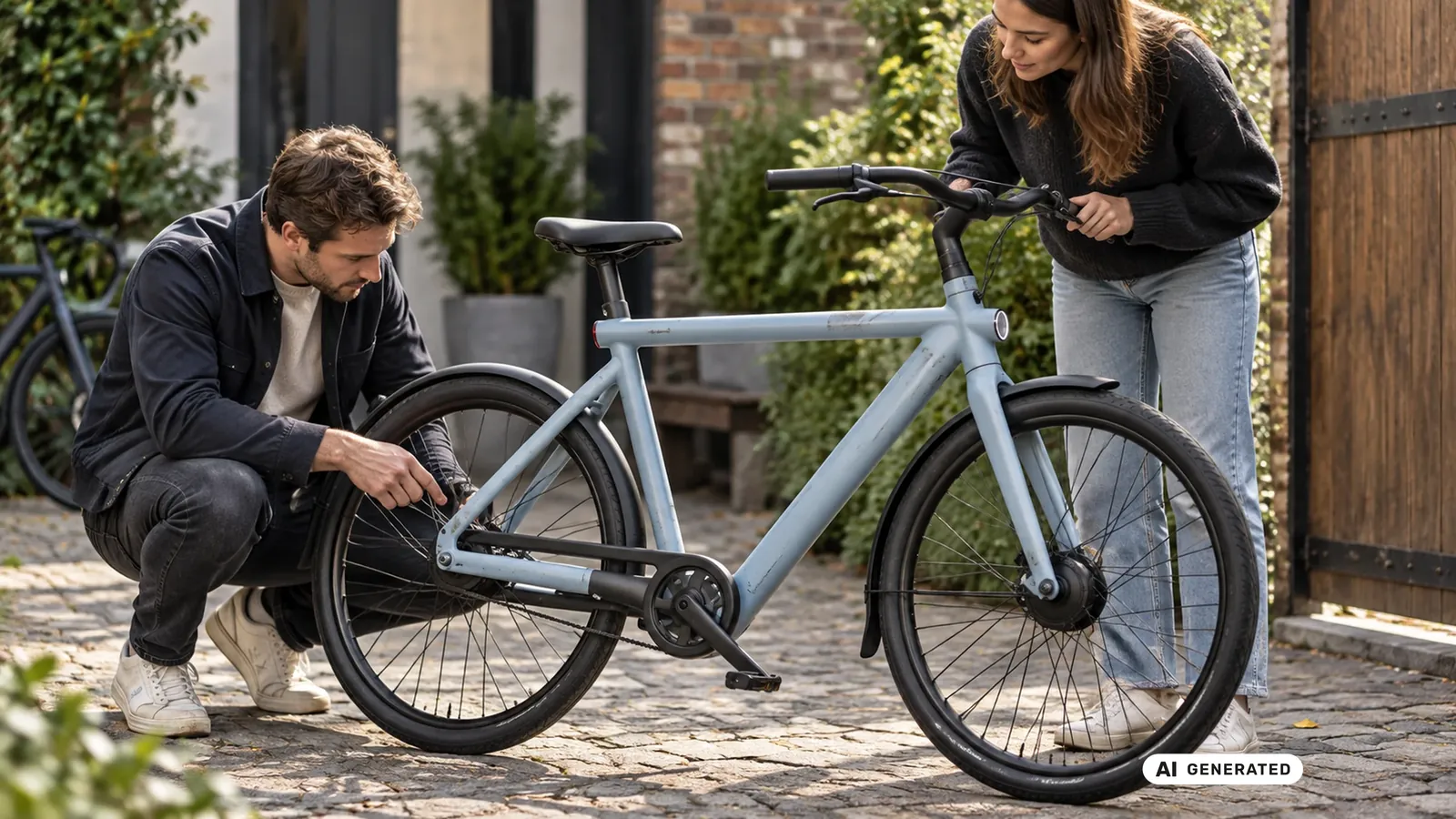 Käufer und Verkäuferin prüfen gemeinsam ein gebrauchtes VanMoof E-Bike. KI-generiertes Symbolbild · redaktionell geprüft.