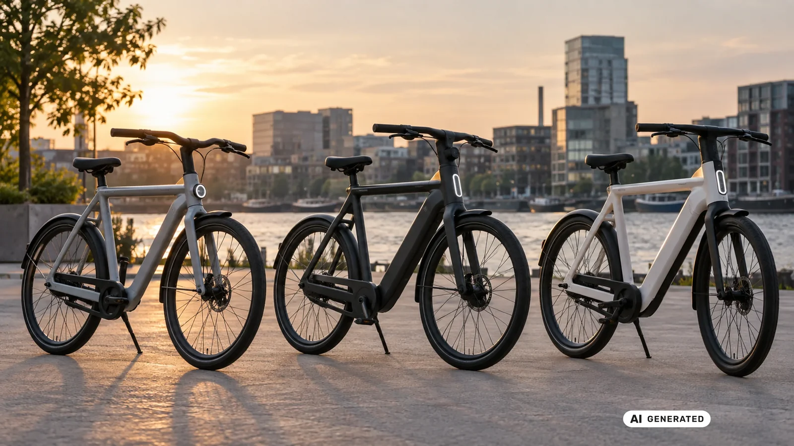 Drei VanMoof E-Bikes verschiedener Generationen stehen nebeneinander vor einer Stadtkulisse am Fluss. KI-generiertes Symbolbild · redaktionell geprüft.