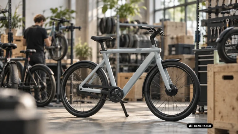 VanMoof E-Bike in einer Werkstatthalle mit weiteren Rädern im Hintergrund. KI-generiertes Symbolbild · redaktionell geprüft.