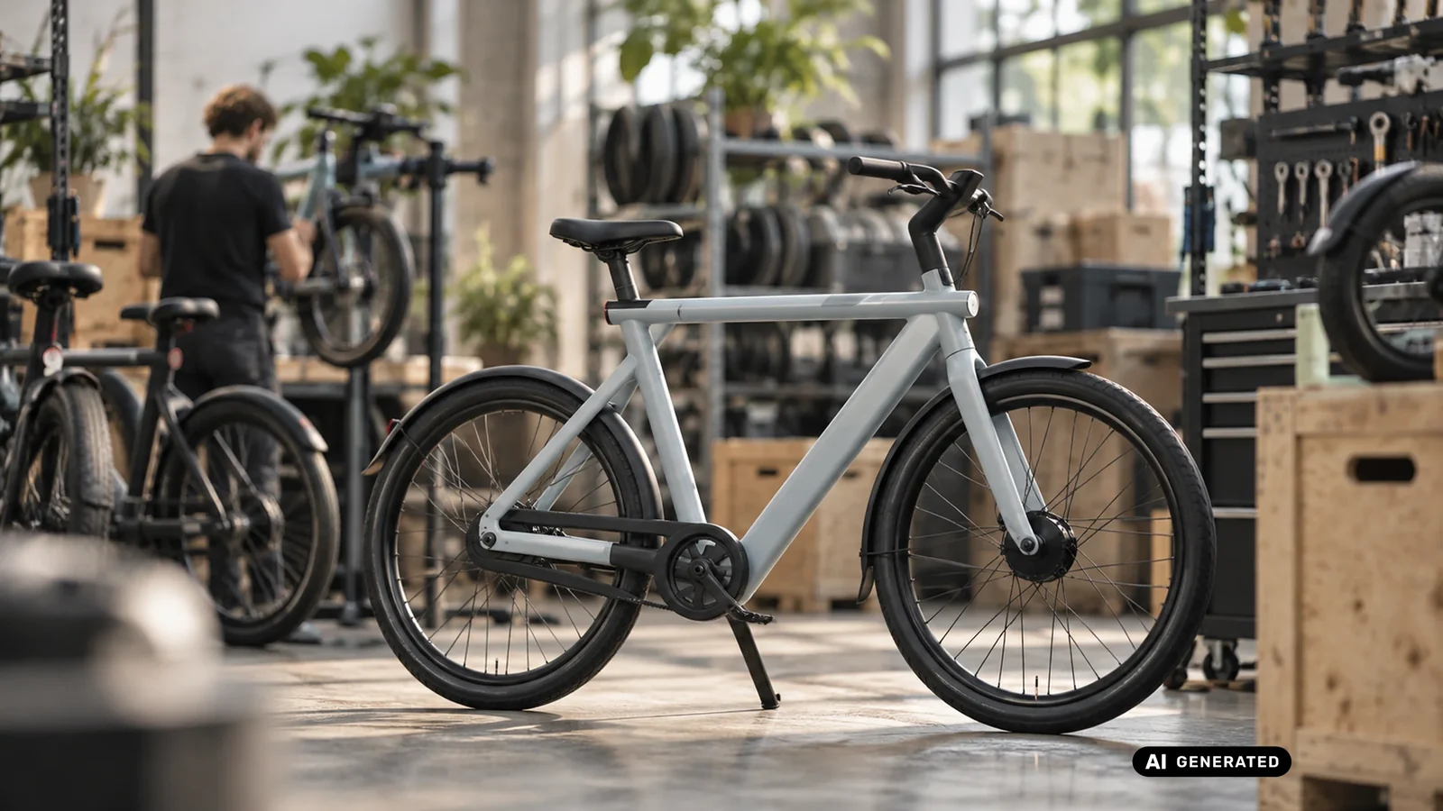 VanMoof E-Bike in einer Werkstatthalle mit weiteren Rädern im Hintergrund. KI-generiertes Symbolbild · redaktionell geprüft.