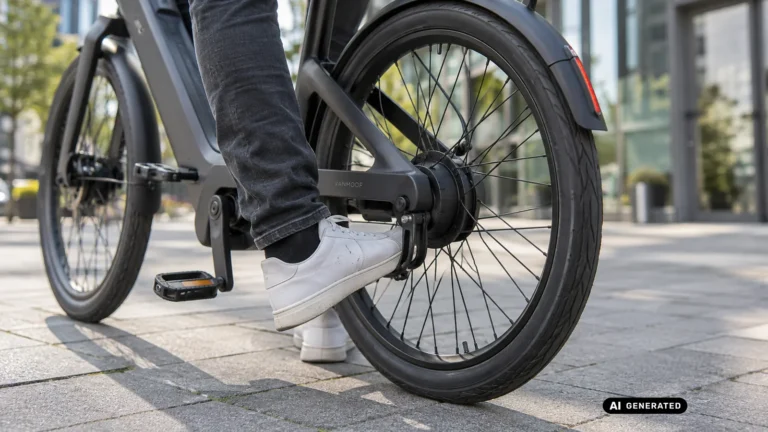 Fuß tritt den Kick-Lock-Pin am Hinterrad eines VanMoof E-Bikes in der Stadt. KI-generiertes Symbolbild · redaktionell geprüft.