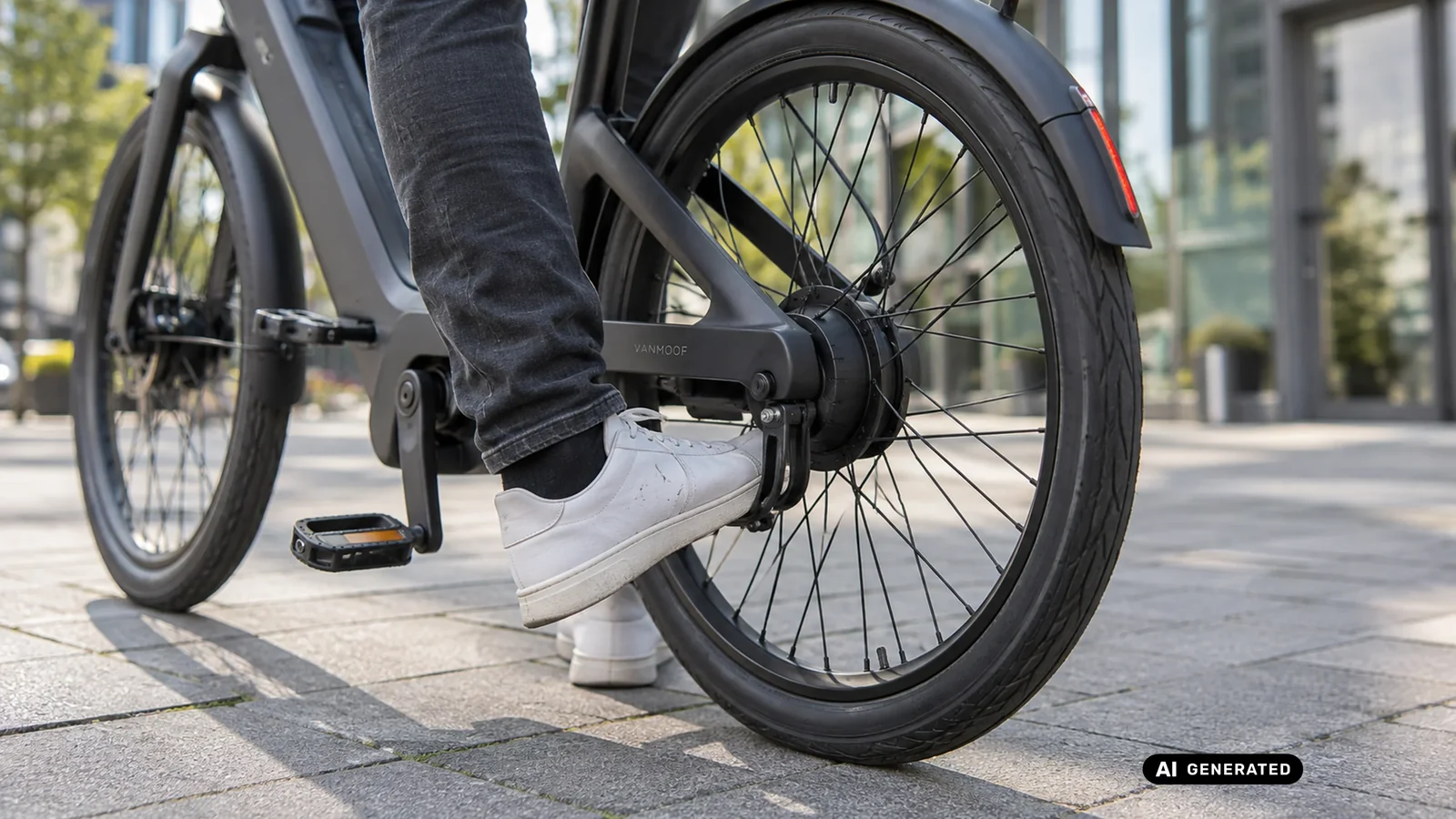 Fuß tritt den Kick-Lock-Pin am Hinterrad eines VanMoof E-Bikes in der Stadt. KI-generiertes Symbolbild · redaktionell geprüft.