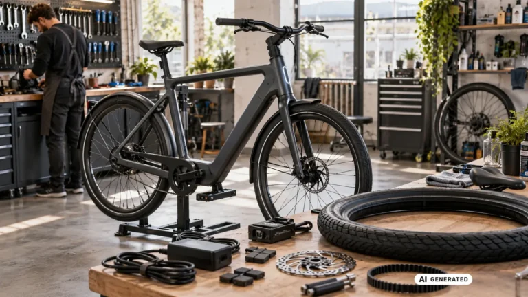 VanMoof E-Bike auf dem Montageständer neben ausgelegten Ersatzteilen wie Kabel, Ladegerät, Bremsscheibe und Reifen in der Werkstatt. KI-generiertes Symbolbild · redaktionell geprüft.