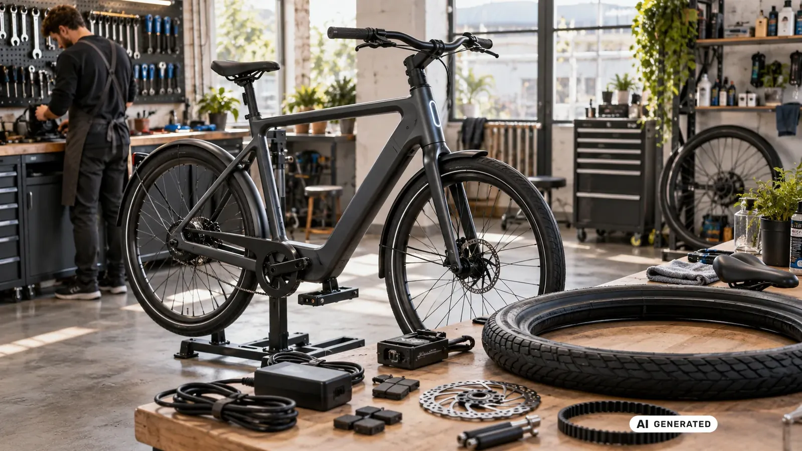 VanMoof E-Bike auf dem Montageständer neben ausgelegten Ersatzteilen wie Kabel, Ladegerät, Bremsscheibe und Reifen in der Werkstatt. KI-generiertes Symbolbild · redaktionell geprüft.