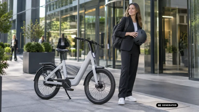 Geschäftsfrau mit Helm in der Hand steht neben einem weißen VanMoof E-Bike vor einem Bürogebäude. KI-generiertes Symbolbild · redaktionell geprüft.