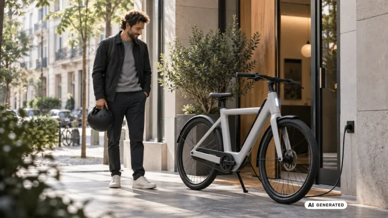 Mann mit Fahrradhelm betrachtet ein an der Steckdose ladendes weißes VanMoof E-Bike vor einem Hauseingang. KI-generiertes Symbolbild · redaktionell geprüft.
