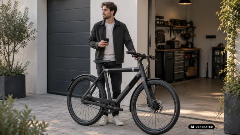 Mann mit Smartphone in der Hand steht neben einem VanMoof E-Bike vor einer offenen Werkstattgarage. KI-generiertes Symbolbild · redaktionell geprüft.