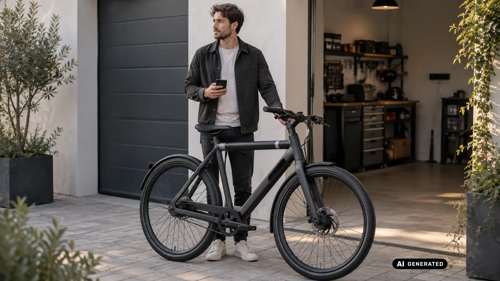 Mann mit Smartphone in der Hand steht neben einem VanMoof E-Bike vor einer offenen Werkstattgarage. KI-generiertes Symbolbild · redaktionell geprüft.