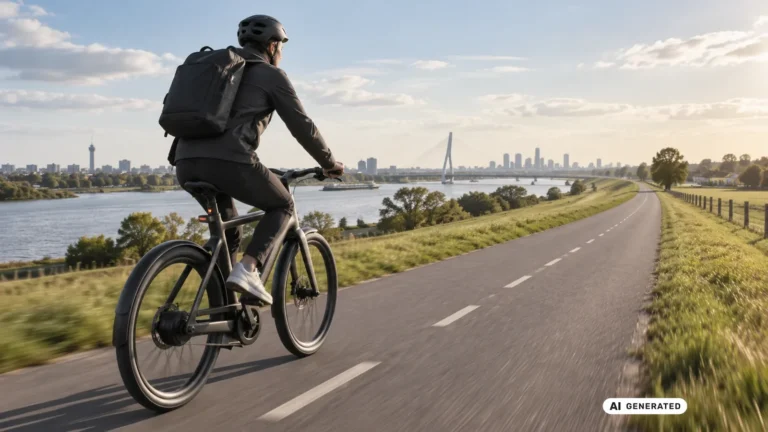 Fahrer mit Rucksack fährt ein E-Bike auf einer Landstraße entlang eines Flusses mit Stadtkulisse. KI-generiertes Symbolbild · redaktionell geprüft.