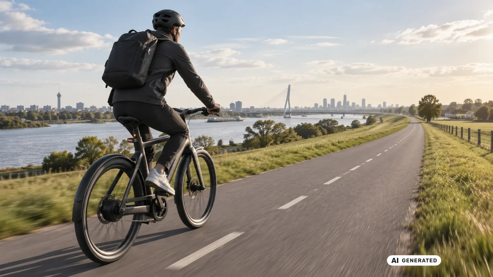 Fahrer mit Rucksack fährt ein E-Bike auf einer Landstraße entlang eines Flusses mit Stadtkulisse. KI-generiertes Symbolbild · redaktionell geprüft.