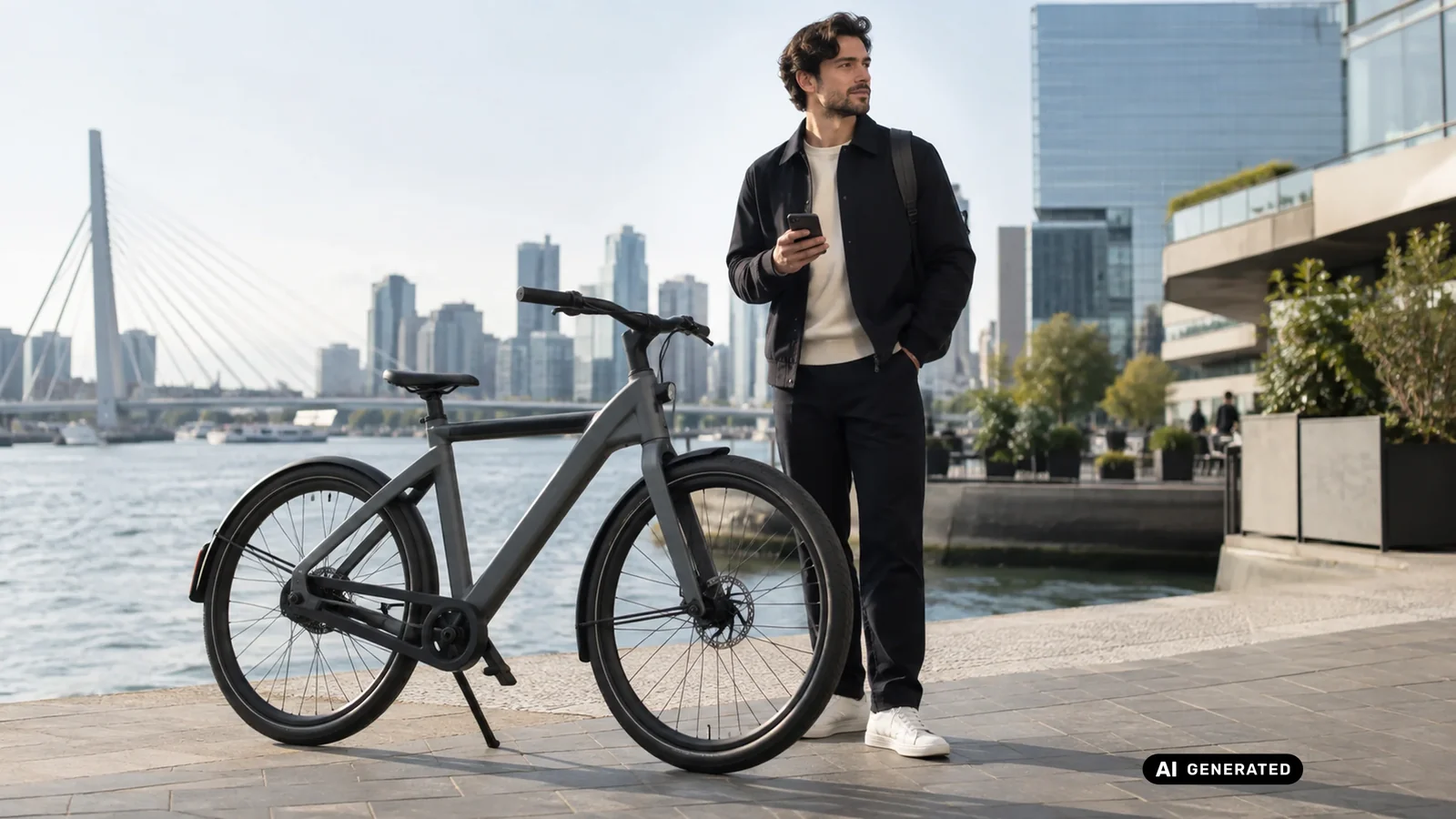Mann mit Smartphone in der Hand steht neben einem grauen VanMoof E-Bike vor einer Stadtkulisse am Fluss. KI-generiertes Symbolbild · redaktionell geprüft.