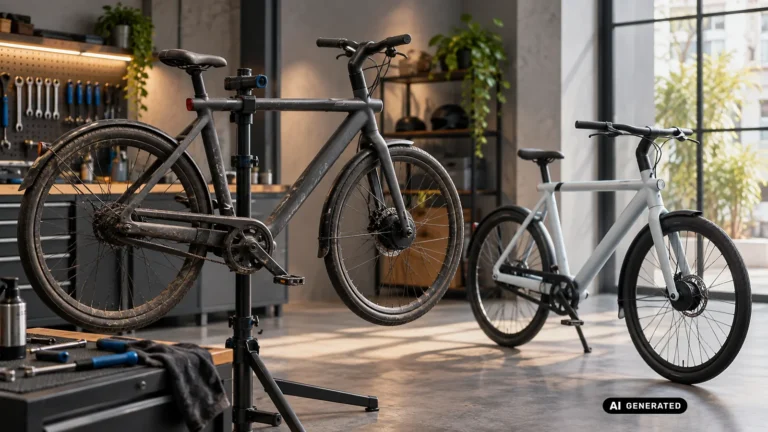 Abgenutztes VanMoof S3 auf dem Montageständer neben einem neuen VanMoof S6. KI-generiertes Symbolbild · redaktionell geprüft.