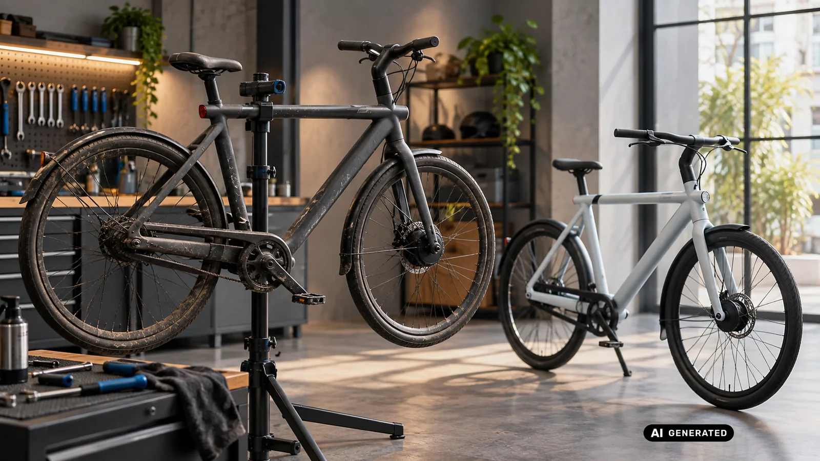 Abgenutztes VanMoof S3 auf dem Montageständer neben einem neuen VanMoof S6. KI-generiertes Symbolbild · redaktionell geprüft.