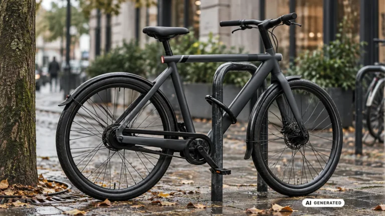VanMoof E-Bike mit Kick Lock an einem Fahrradbügel in der Stadt angeschlossen. KI-generiertes Symbolbild · redaktionell geprüft.