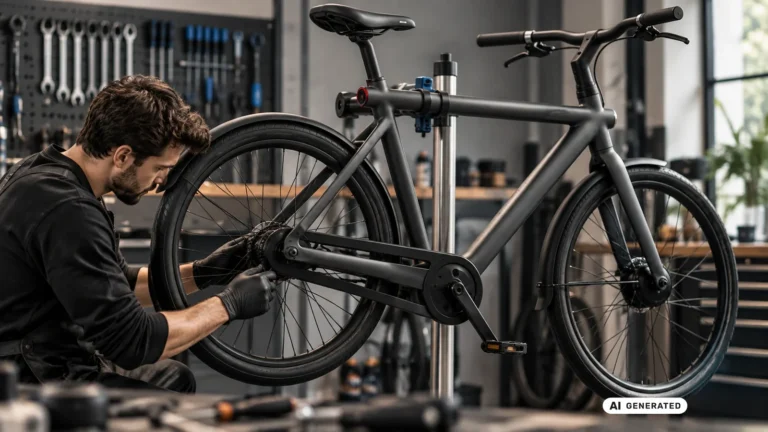 Mechaniker repariert das Hinterrad eines VanMoof S3 in der Werkstatt. KI-generiertes Symbolbild · redaktionell geprüft.