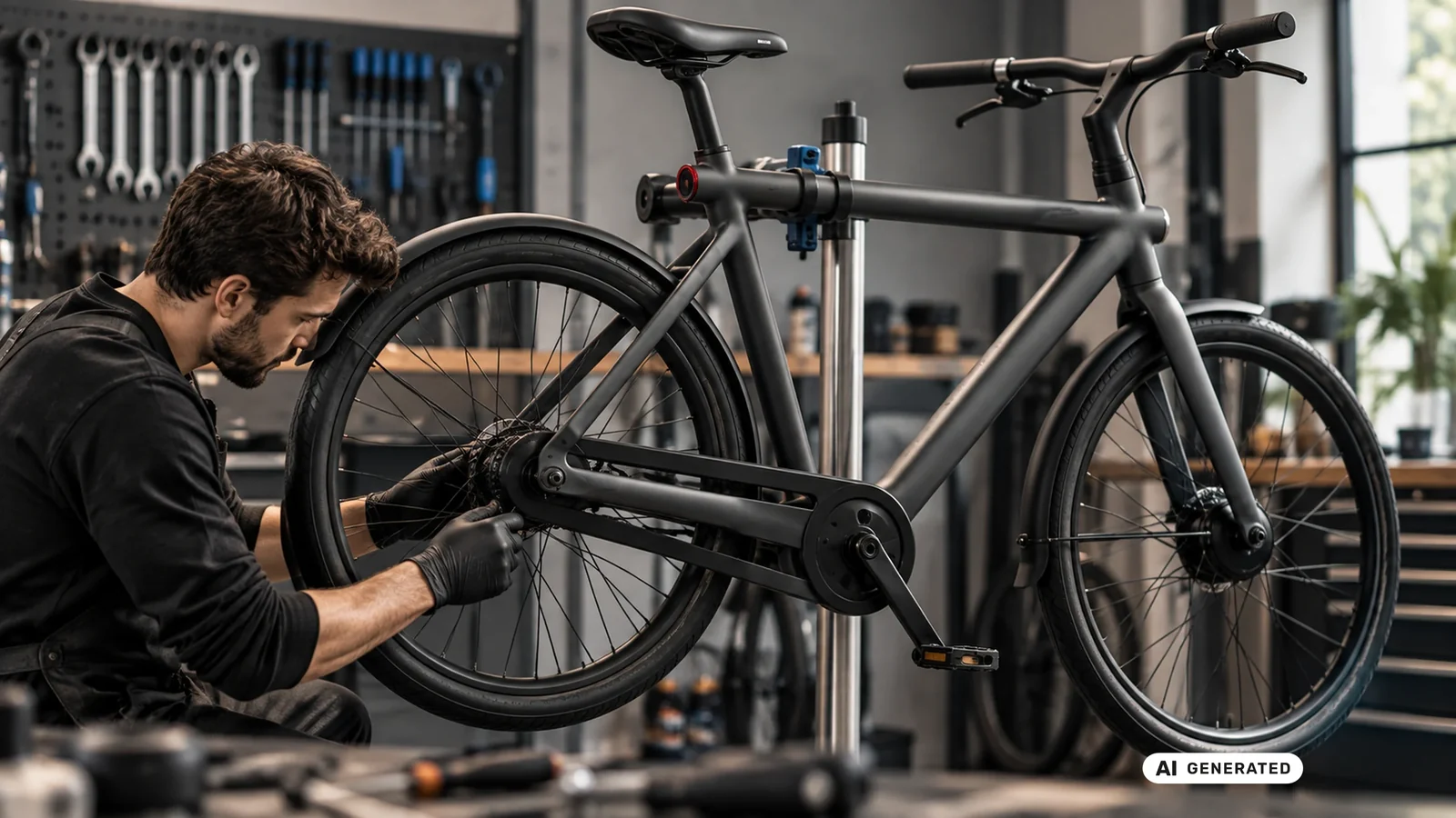 Mechaniker repariert das Hinterrad eines VanMoof S3 in der Werkstatt. KI-generiertes Symbolbild · redaktionell geprüft.