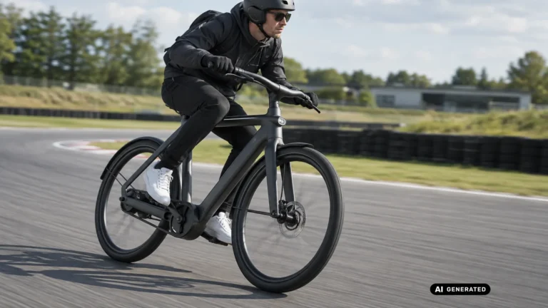 Fahrer mit Helm und Sonnenbrille fährt ein schwarzes E-Bike auf einer geschlossenen Rennstrecke. KI-generiertes Symbolbild · redaktionell geprüft.