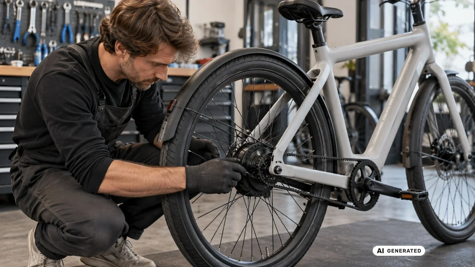 VanMoof S5/A5: Mechaniker diagnostiziert E-Shifter und Riemenantrieb an der Hinterradnabe in der Werkstatt. KI-generiertes Symbolbild · redaktionell geprüft.