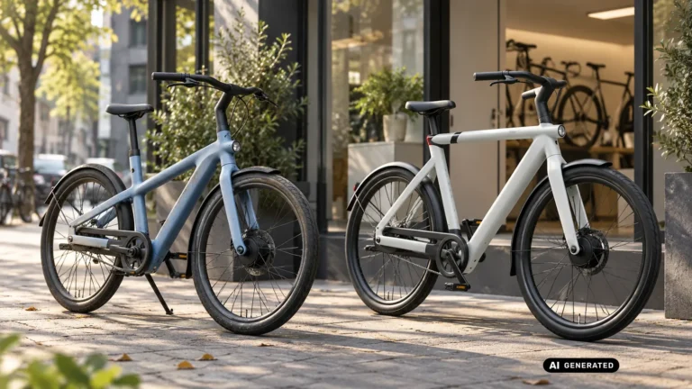 Gebrauchtes und neues VanMoof E-Bike nebeneinander vor einem Fahrradladen. KI-generiertes Symbolbild · redaktionell geprüft.