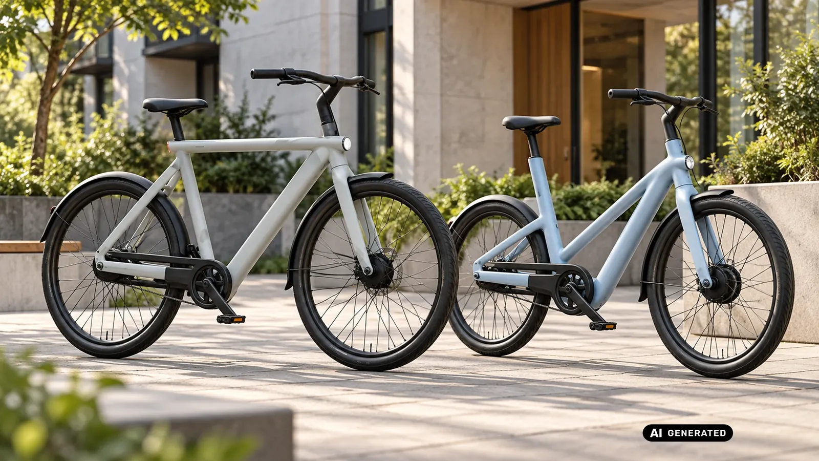VanMoof S6 mit hohem Rahmen und S6 Open mit tieferem Einstieg im Vergleich. KI-generiertes Symbolbild · redaktionell geprüft.