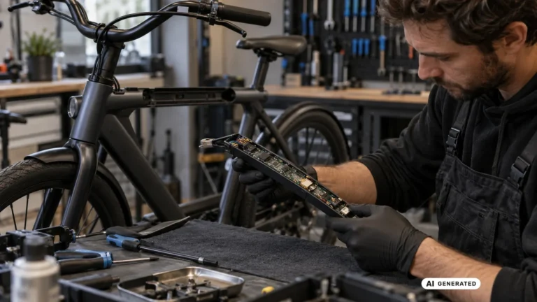 Mechaniker hält die ausgebaute Smart-Cartridge-Elektronikplatine eines VanMoof E-Bikes in der Werkstatt. KI-generiertes Symbolbild · redaktionell geprüft.