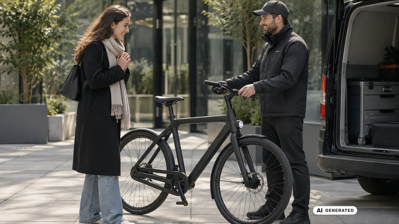 Zusteller übergibt ein schwarzes VanMoof E-Bike an eine lächelnde Kundin vor einem Lieferfahrzeug. KI-generiertes Symbolbild · redaktionell geprüft.