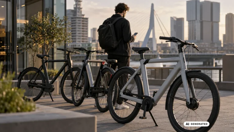 Reihe geparkter VanMoof E-Bikes, ein Mann prüft sein Smartphone vor einer Stadtkulisse mit Brücke. KI-generiertes Symbolbild · redaktionell geprüft.