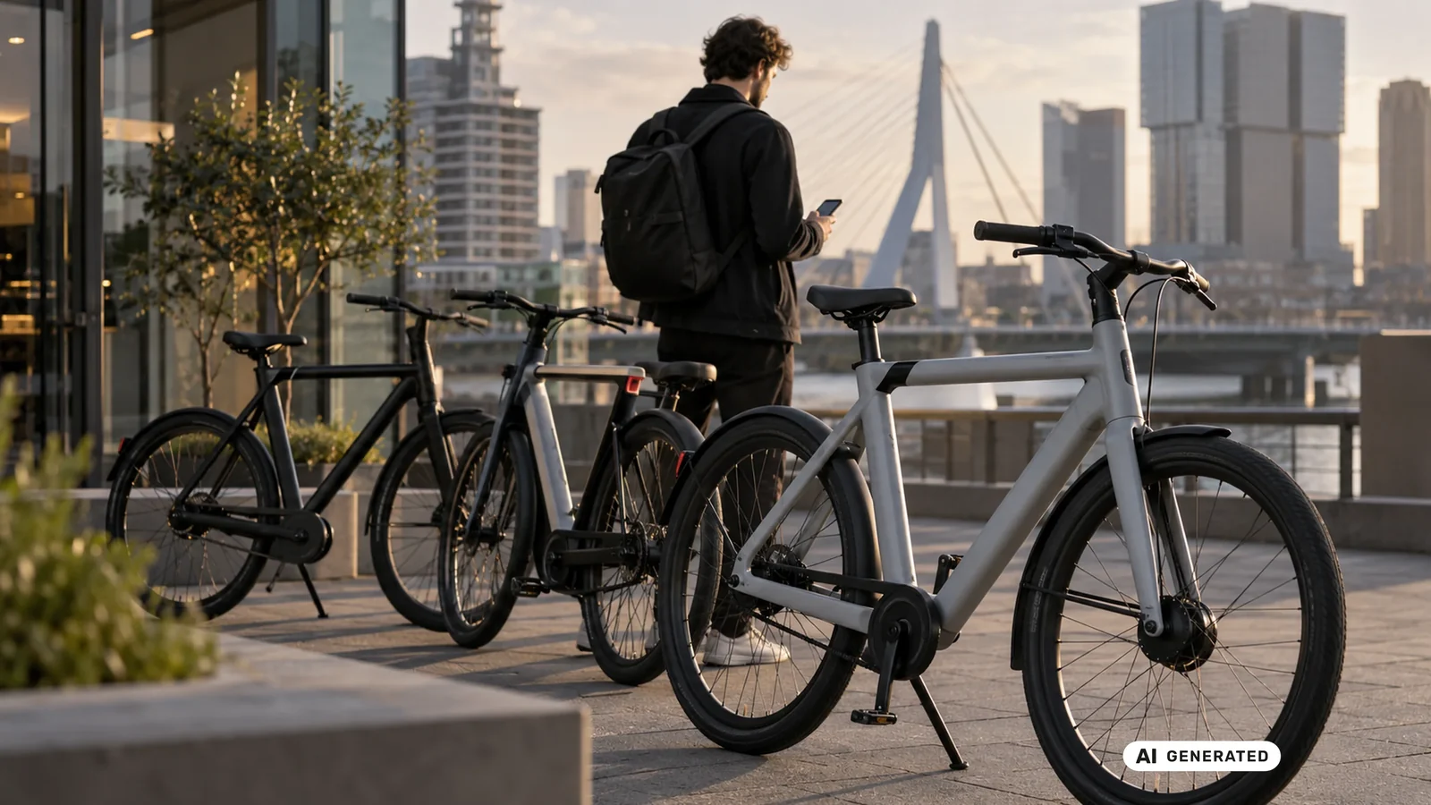 Reihe geparkter VanMoof E-Bikes, ein Mann prüft sein Smartphone vor einer Stadtkulisse mit Brücke. KI-generiertes Symbolbild · redaktionell geprüft.