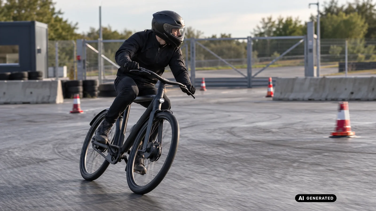 Person mit Vollvisierhelm fährt ein E-Bike auf einer abgesperrten Teststrecke mit Leitkegeln. KI-generiertes Symbolbild · redaktionell geprüft.