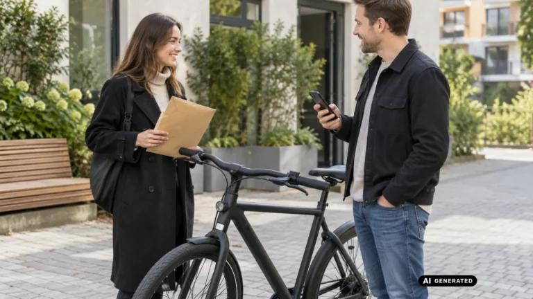 Käuferin und Verkäufer übergeben sich Dokumente neben einem VanMoof E-Bike bei einem privaten Verkauf. KI-generiertes Symbolbild · redaktionell geprüft.