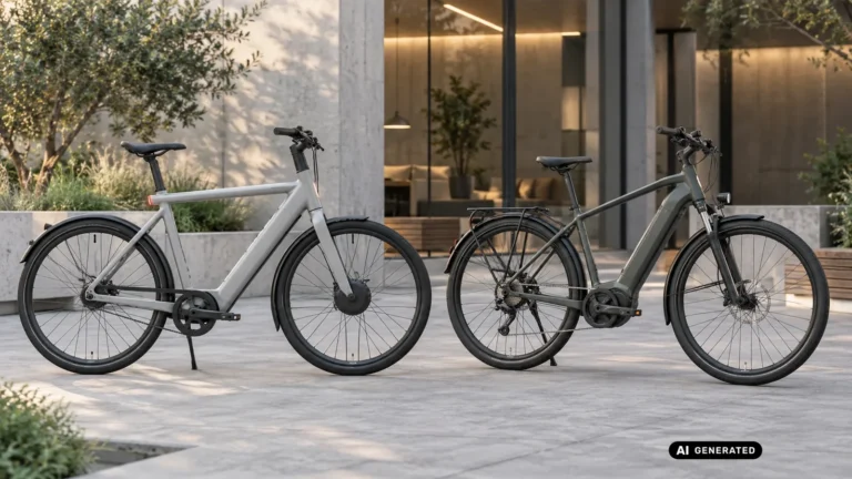 Ein graues Smart-E-Bike mit Frontnabenmotor und ein grünes E-Bike mit Mittelmotor stehen nebeneinander. KI-generiertes Symbolbild · redaktionell geprüft.