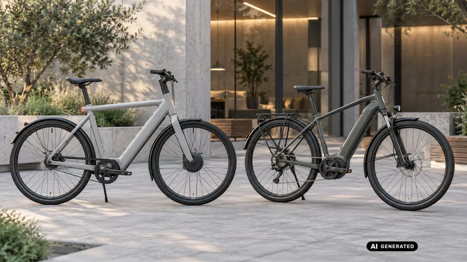 Ein graues Smart-E-Bike mit Frontnabenmotor und ein grünes E-Bike mit Mittelmotor stehen nebeneinander. KI-generiertes Symbolbild · redaktionell geprüft.