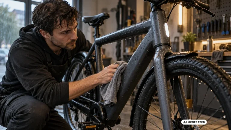 Mann trocknet ein nasses VanMoof E-Bike in der Werkstatt mit einem Tuch ab, im Hintergrund ist Regen am Fenster sichtbar. KI-generiertes Symbolbild · redaktionell geprüft.