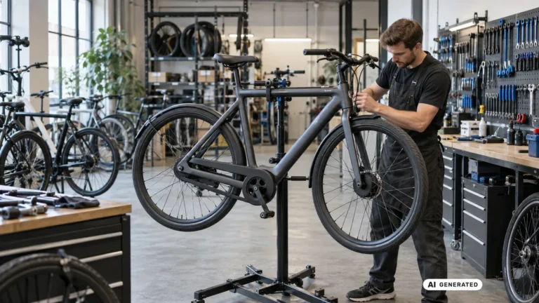 Mechaniker repariert ein schwarzes VanMoof E-Bike auf dem Montageständer in einer gut ausgestatteten Fahrradwerkstatt. KI-generiertes Symbolbild · redaktionell geprüft.