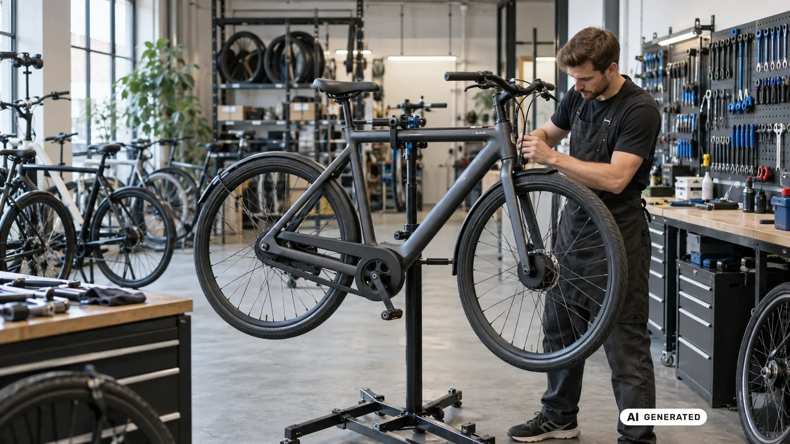 Mechaniker repariert ein schwarzes VanMoof E-Bike auf dem Montageständer in einer gut ausgestatteten Fahrradwerkstatt. KI-generiertes Symbolbild · redaktionell geprüft.