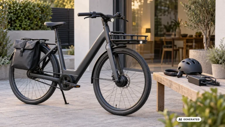 VanMoof E-Bike mit Gepäckträgertasche neben ausgelegtem Zubehör wie Helm, Schloss und Ladegerät auf einer Terrasse. KI-generiertes Symbolbild · redaktionell geprüft.