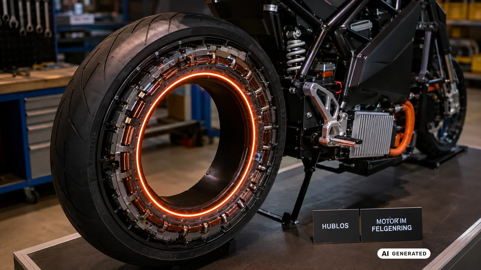 Funktionsprinzip des hublosen Nabenmotors der Verge TS mit Kraftübertragung am Radumfang. KI-generiertes Symbolbild · redaktionell geprüft.