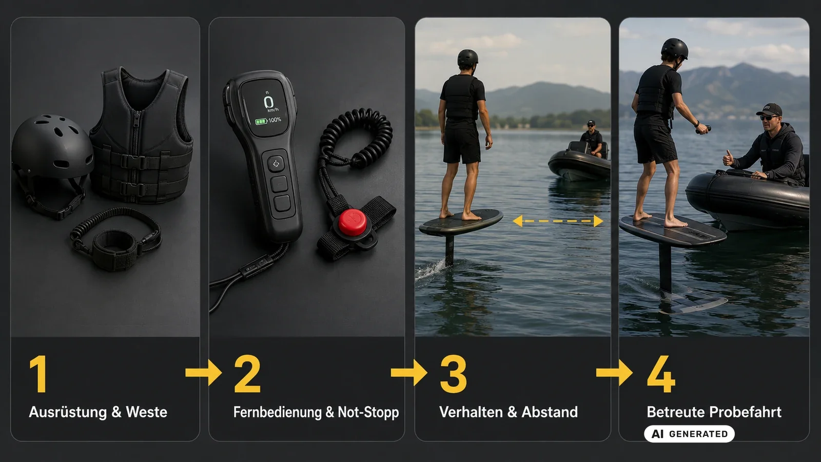 Ablauf eines Sicherheitsbriefings vor der ersten eFoil-Fahrt in vier Schritten. KI-generiertes Symbolbild · redaktionell geprüft.