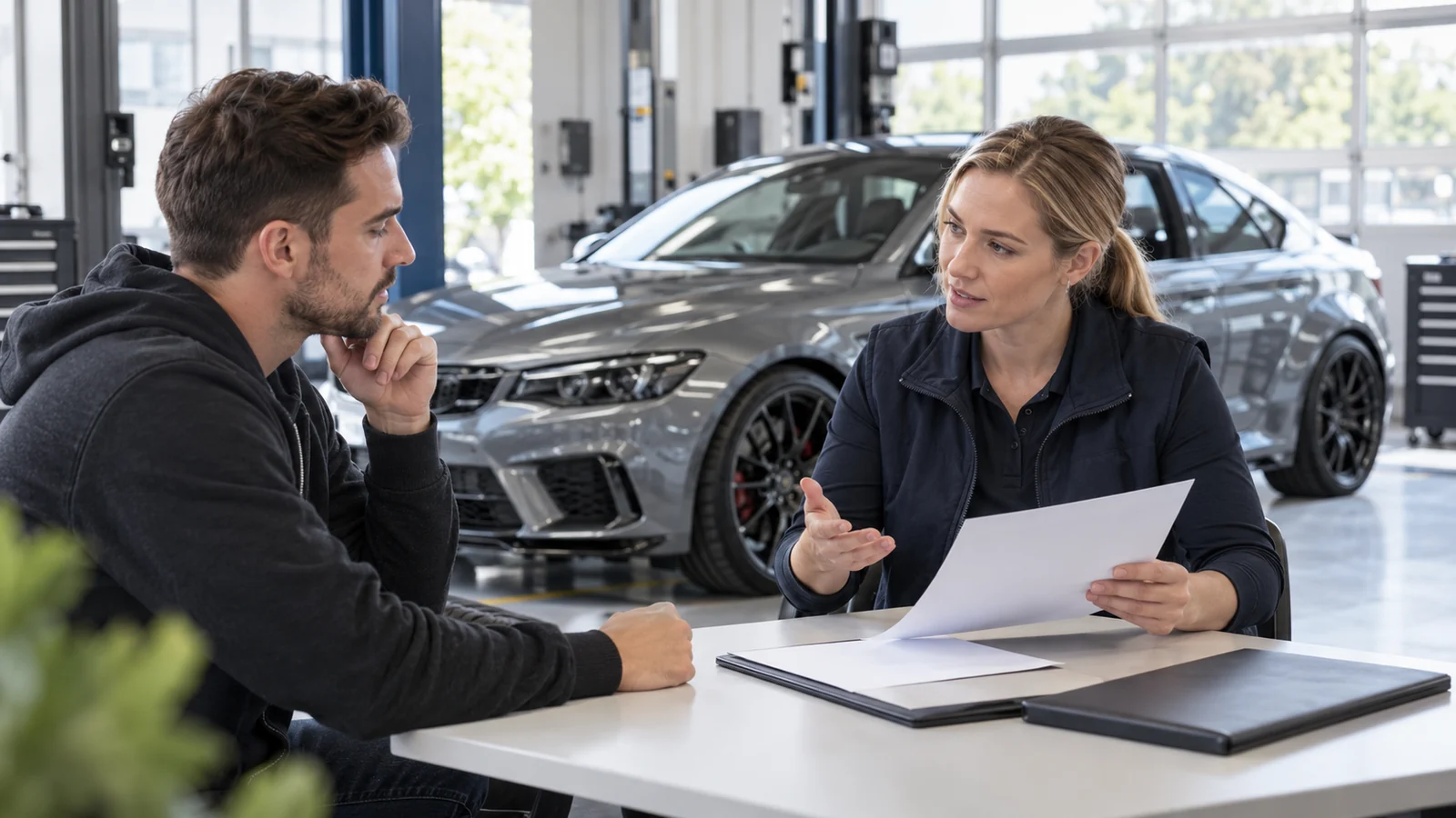Beraterin erklärt einem Kunden Unterlagen am Tisch, dahinter ein graues Sportcoupé. KI-generierte Szene · redaktionell geprüft.