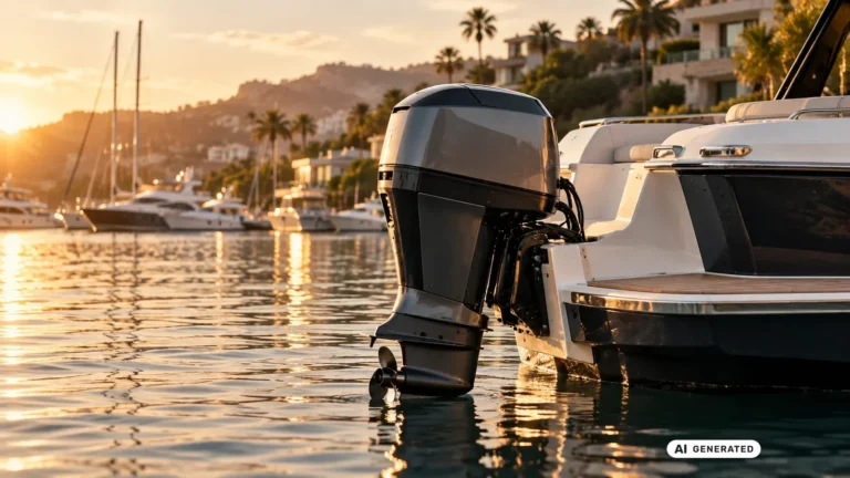Symbolbild eines leistungsstarken elektrischen Außenbordmotors an einem Sportboot. KI-generiertes Symbolbild · redaktionell geprüft.