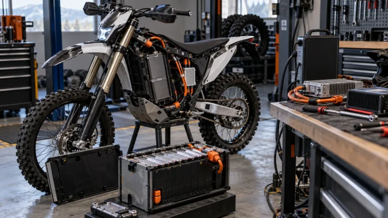 E-Enduro auf dem Montageständer, davor zwei Akkupacks, auf der Werkbank Ladegerät und DC-DC-Module. KI-generiertes Symbolbild · redaktionell geprüft.