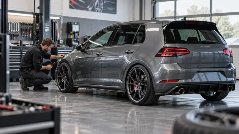 VW Golf 7 GTI legal tunen: Servicetechniker prüft das Fahrzeug in der Kfz-Werkstatt. KI-generiertes Symbolbild · redaktionell geprüft.