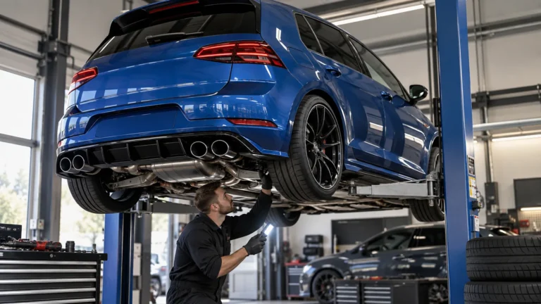 VW Golf 7 R legal tunen: Servicetechniker prüft das Fahrzeug in der Kfz-Werkstatt. KI-generiertes Symbolbild · redaktionell geprüft.