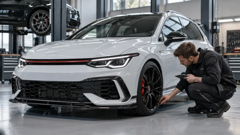 VW Golf 8 GTI und Clubsport legal tunen: Servicetechniker prüft das Fahrzeug in der Kfz-Werkstatt. KI-generiertes Symbolbild · redaktionell geprüft.