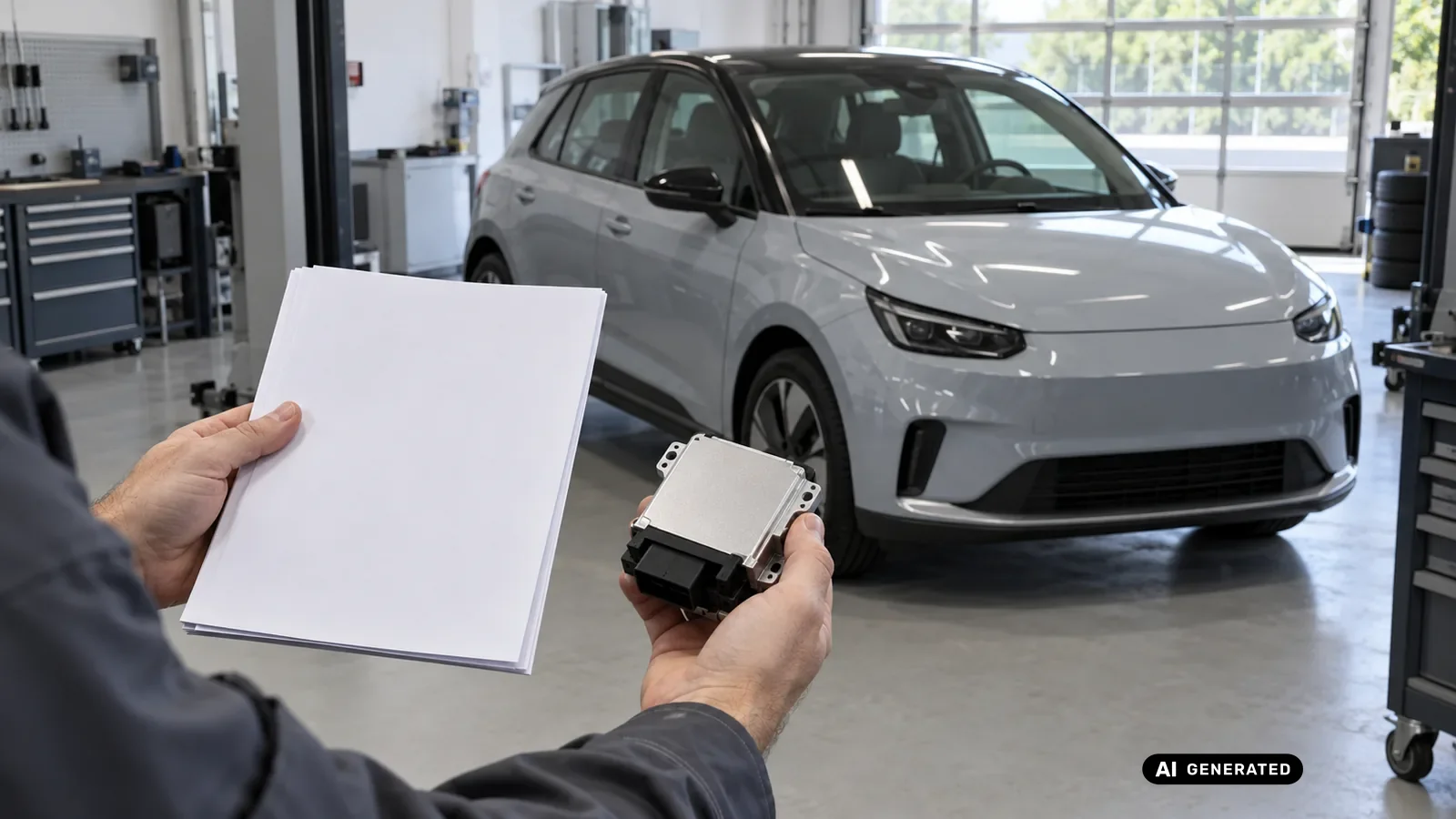 Dokumenten- und Bauteilabgleich für den Beitrag VW ID.3 Typ E1; Schrift und persönliche Daten sind nicht lesbar. — KI-generierte Szene, redaktionell geprüft