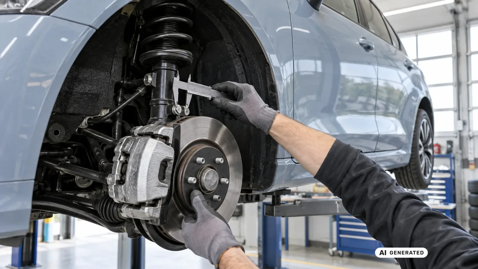 Technische Detailprüfung zum Thema Räder, Reifen und hohe Achslasten an einer neutralen Fahrzeugdarstellung für VW ID.3 Typ E1. — KI-generierte Szene, redaktionell geprüft